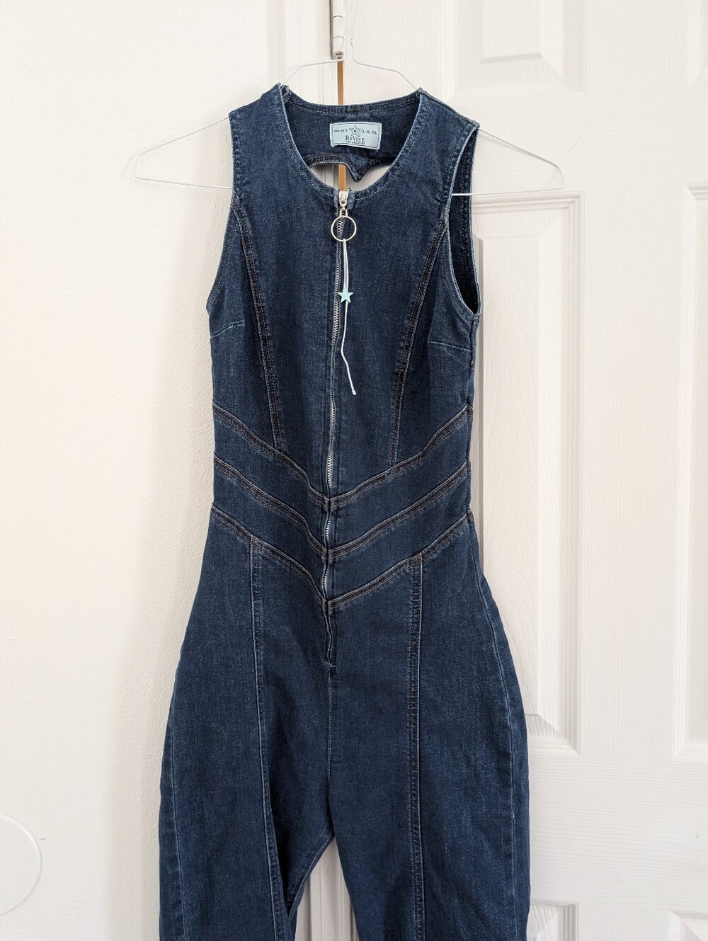 Revice Hollywood Heartthrob Denim Jumpsuit Heart Cutout Zip Front Flare Jeans - Picture 7 of 10